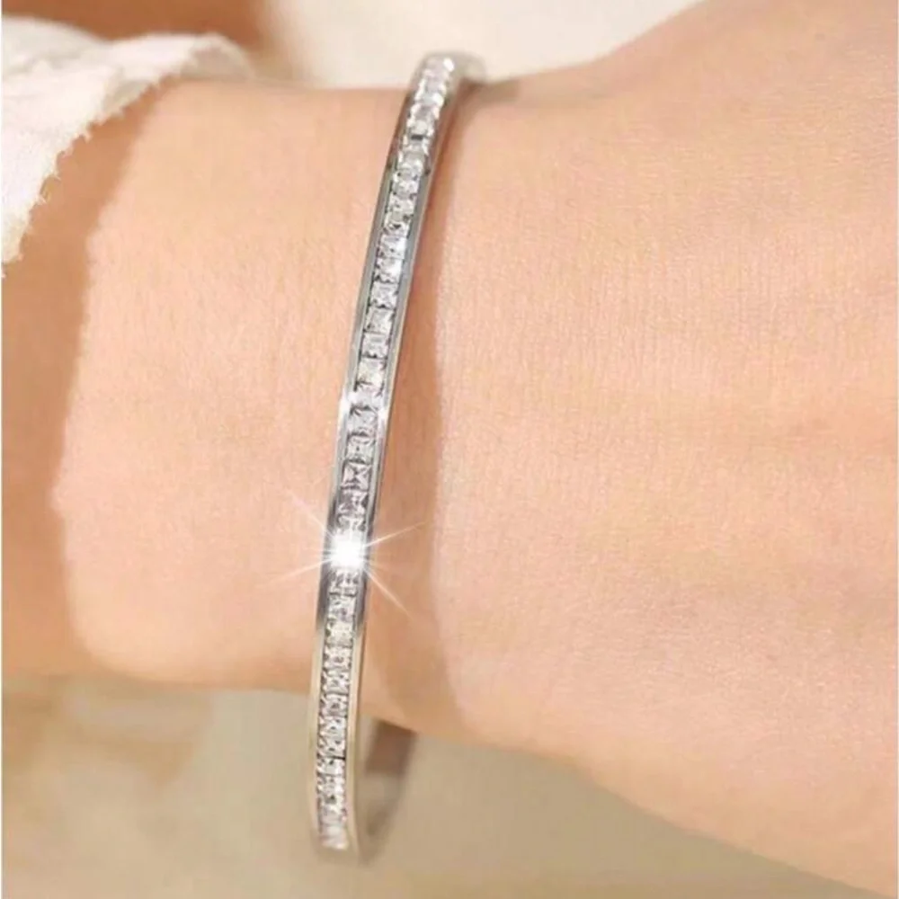 Exquisite 2 pc Set Stainless Steel Square Cubic Zirconia Bangle And Ring - Picture 2 of 4